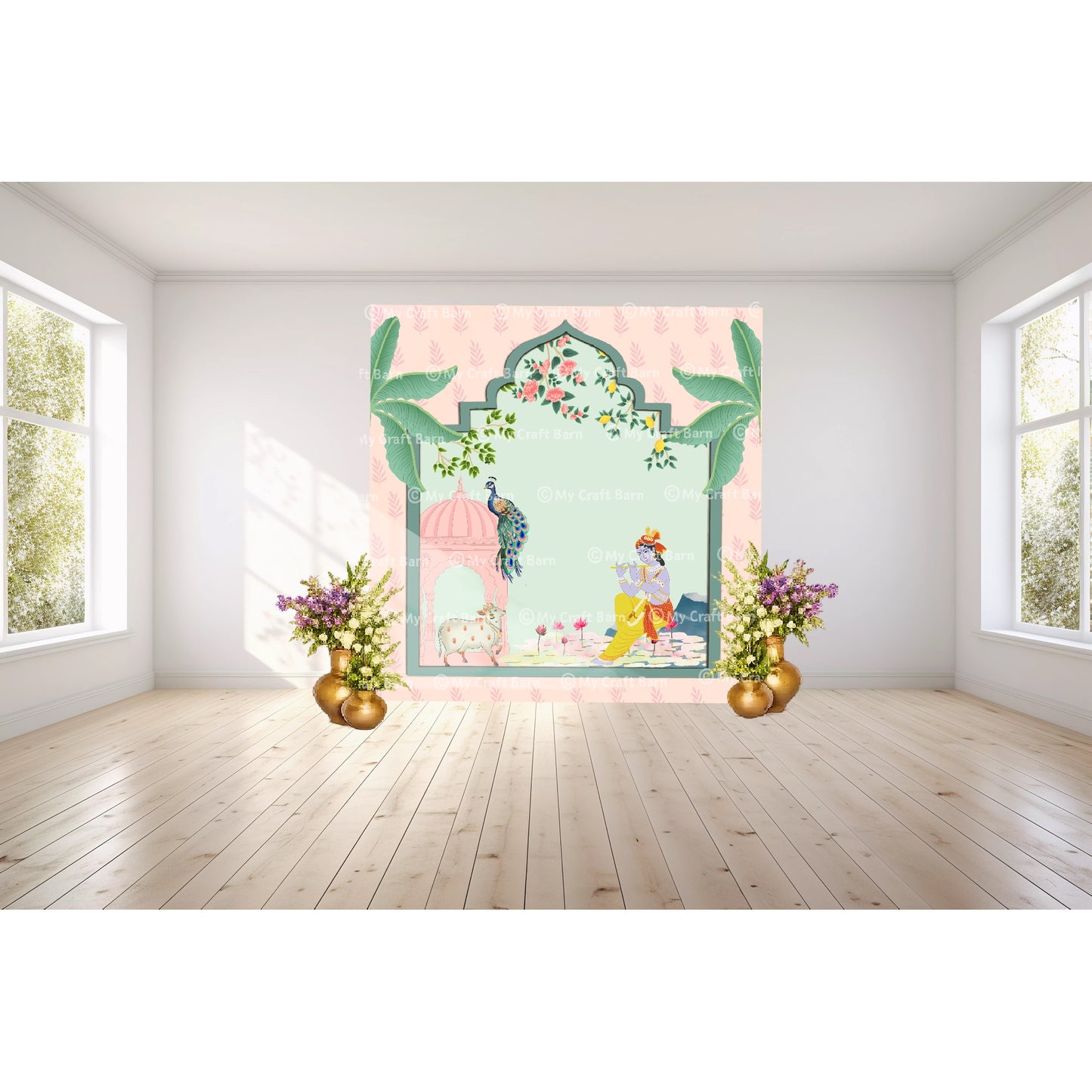 Pastel Radha Krishna Arch Backdrop / Vrindavan Theme Party Background (8ft x 8ft)