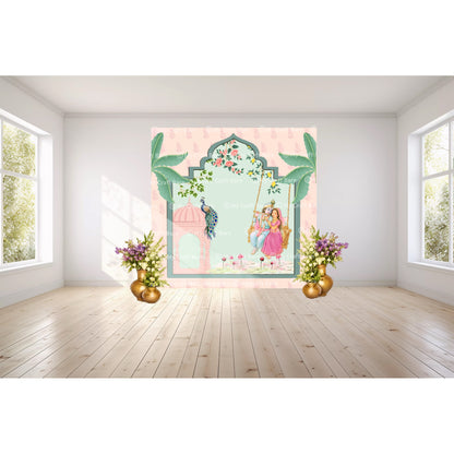 Pastel Radha Krishna Arch Backdrop / Vrindavan Theme Party Background (8ft x 8ft)